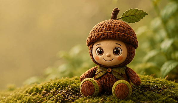 Toko plush companion sitting on moss