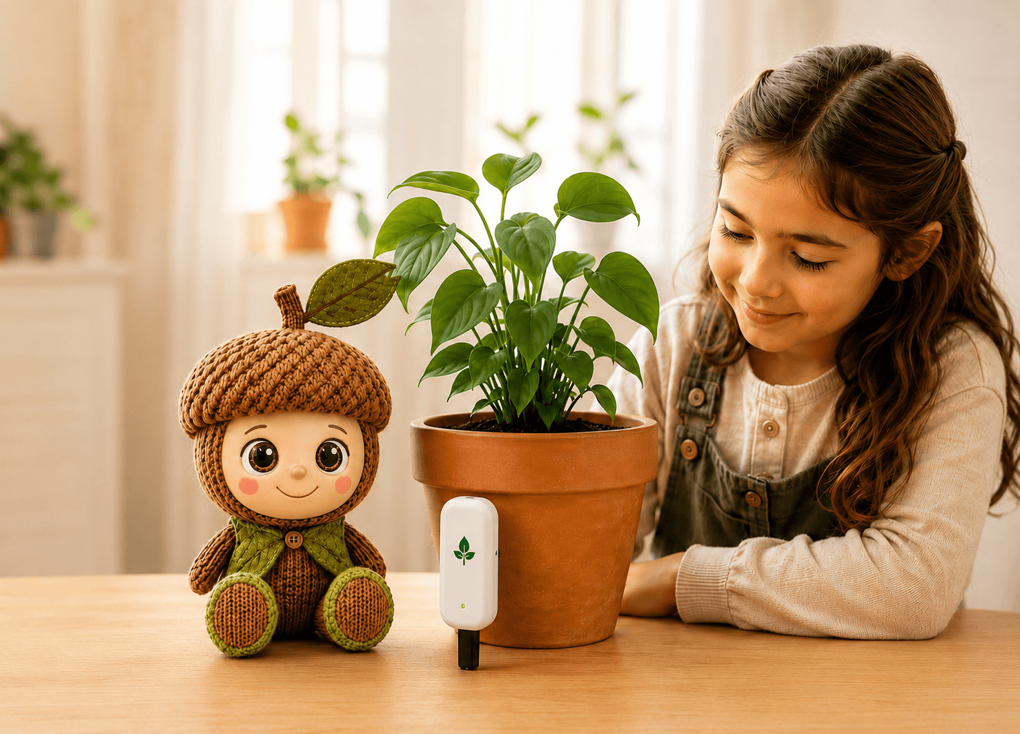 A child looking at their Toko plant companion beside a potted plant with its soil sensor