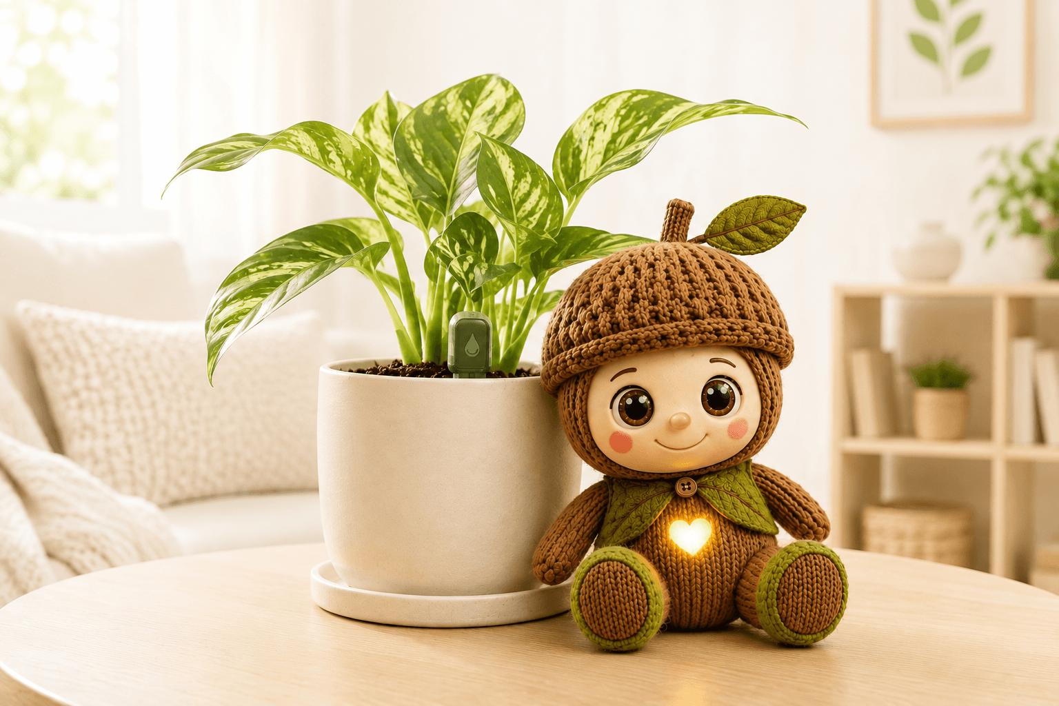 Toko plush companion sitting beside a potted plant with its soil sensor, glowing heart lit up