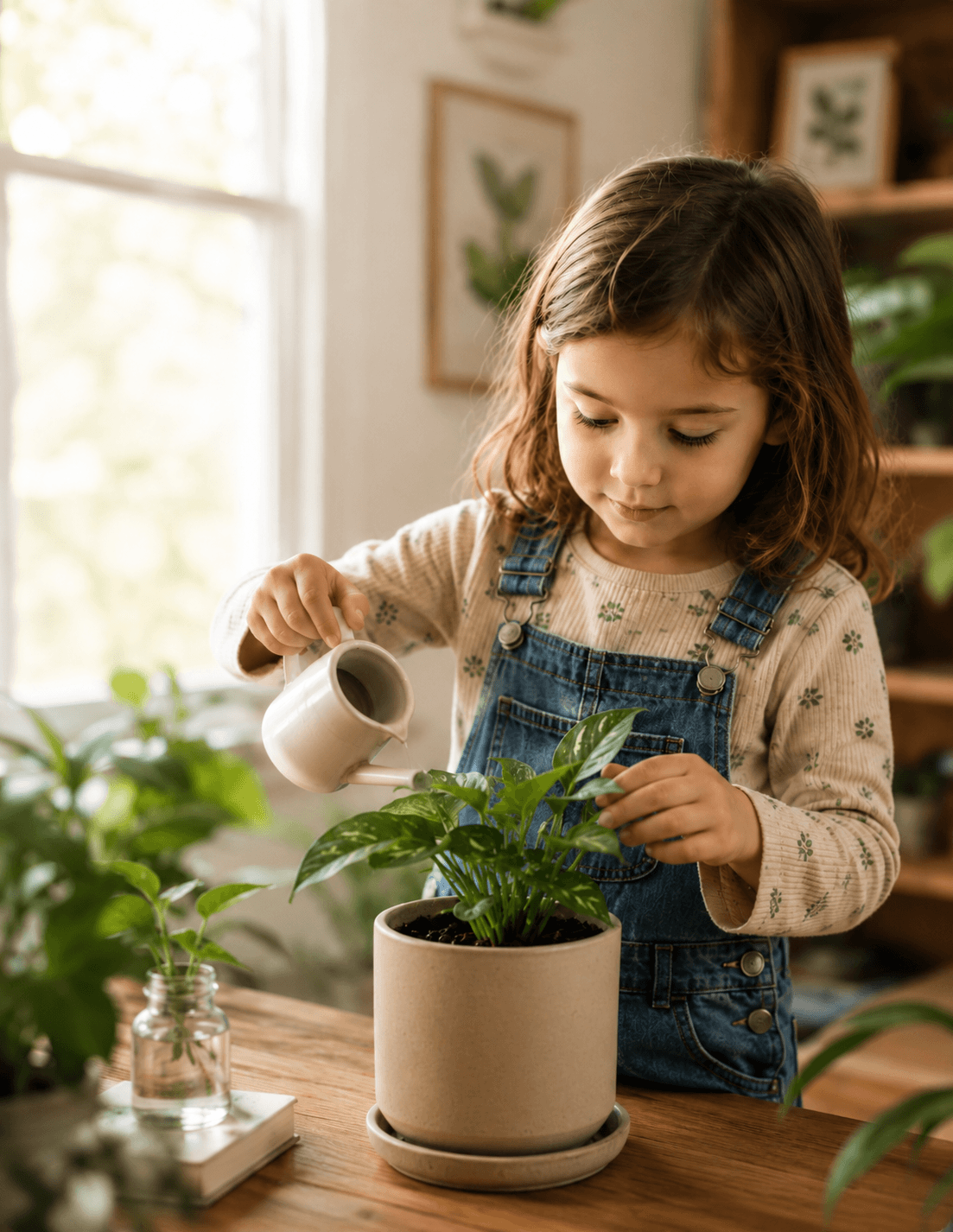 Child tending to a potted plant