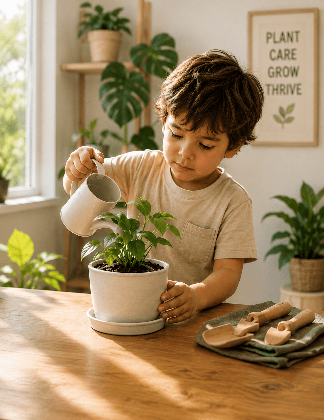 A parent and child gardening together