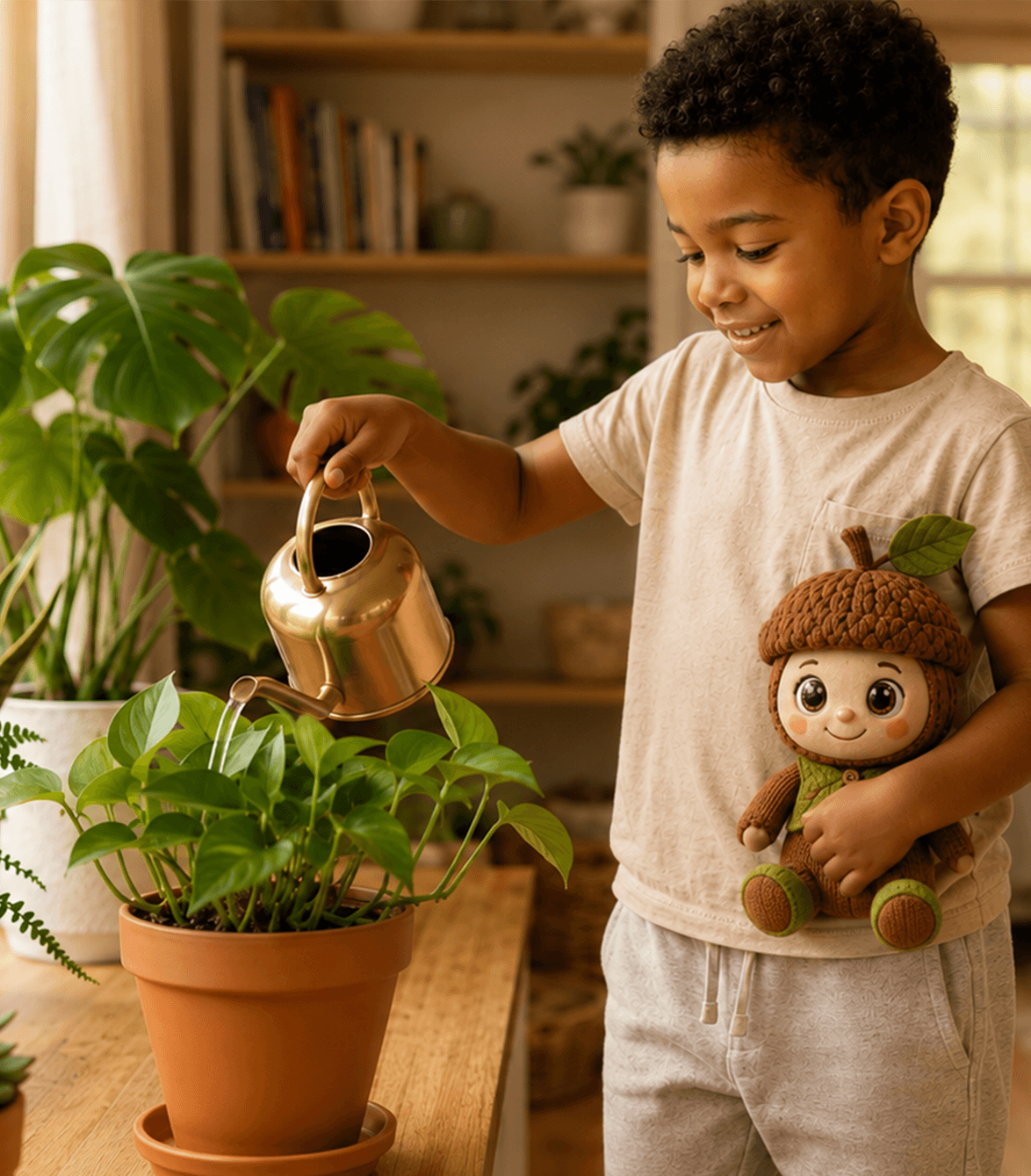 A child watering their plant beside Toko